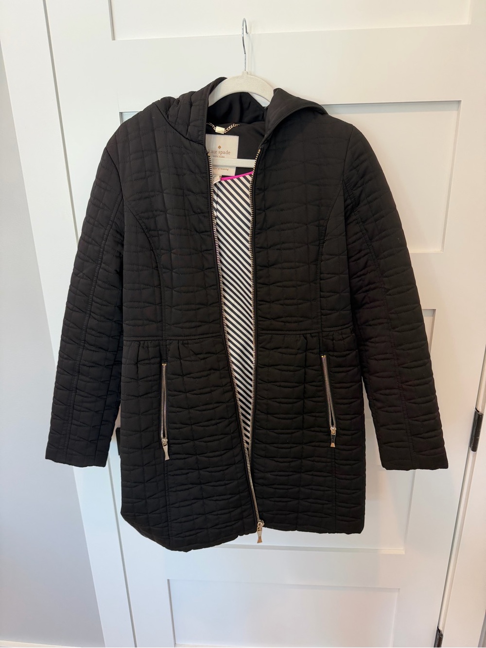 kate spade Black Quilted Hooded Coat with Zip Pockets